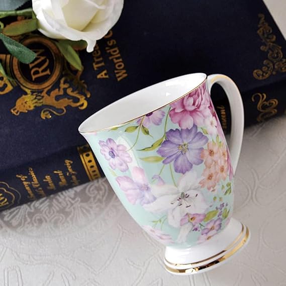 Porcelain Mugs Set of 4, Floral Design Bone China Mug, 11 oz/312 ml