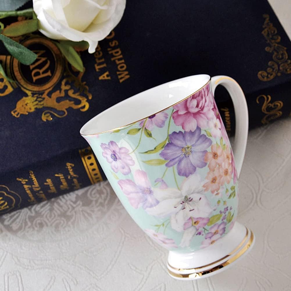 Juego de 4 tazas de café, diseño floral, tazas de té de huesos grandes, tazas de té de 300 ml con asa para capuchino, café, té, leche, oficina, regalo (B)