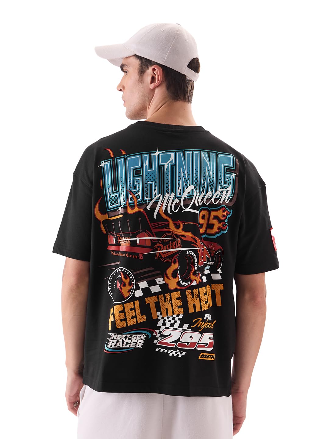 The Souled Store Official Cars: Lightning McQueen Men and Boys Short Sleeve Round Neck Black Graphic Printed Cotton Oversized T-Shirts