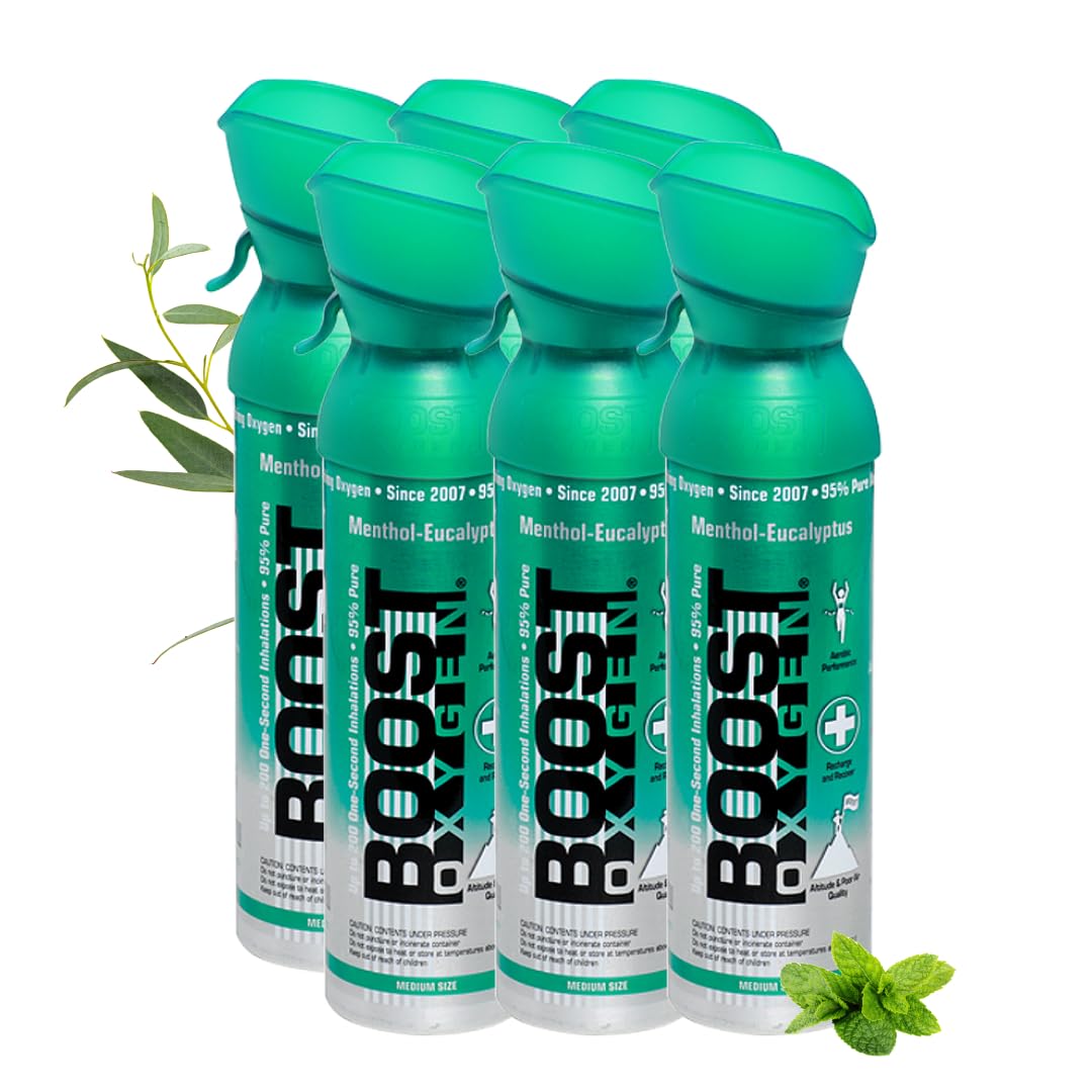 Boost Oxygen Portable Oxygen Cylinder with 95% Oxygen - 30L, 6x5L Oxygen Canister with Oxygen Mask for More Than 600 Inhalations - Portable Oxygen Can, Oxygen for Home use (Menthol-Eucalyptus Flavour)