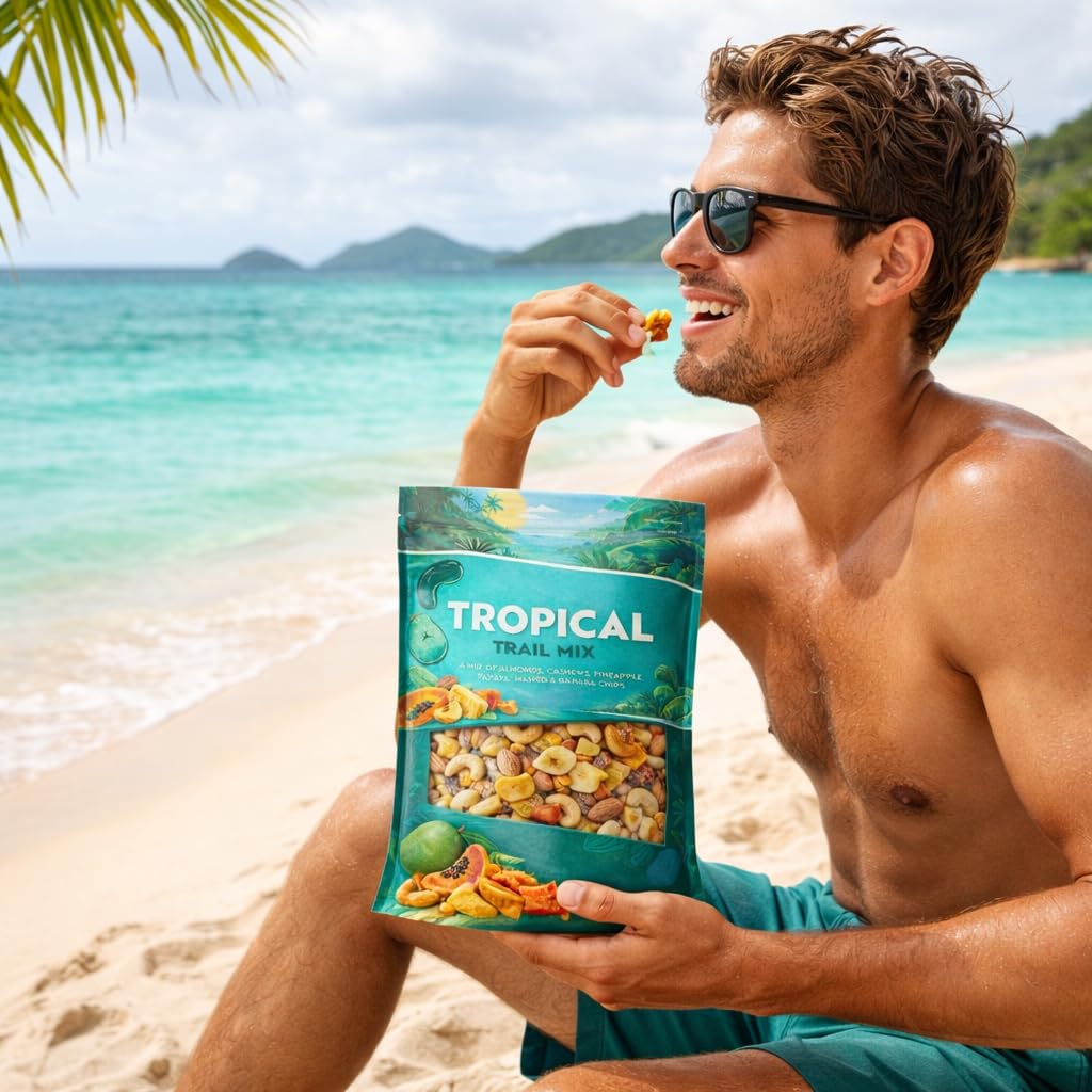 Tropical Trail Mix Nuts Dried Fruit Blend 40 oz Snack Bag Almond Cashew Mango Pineapple Papaya Banana Chips Healthy Treat Lunchbox Office Travel Gift