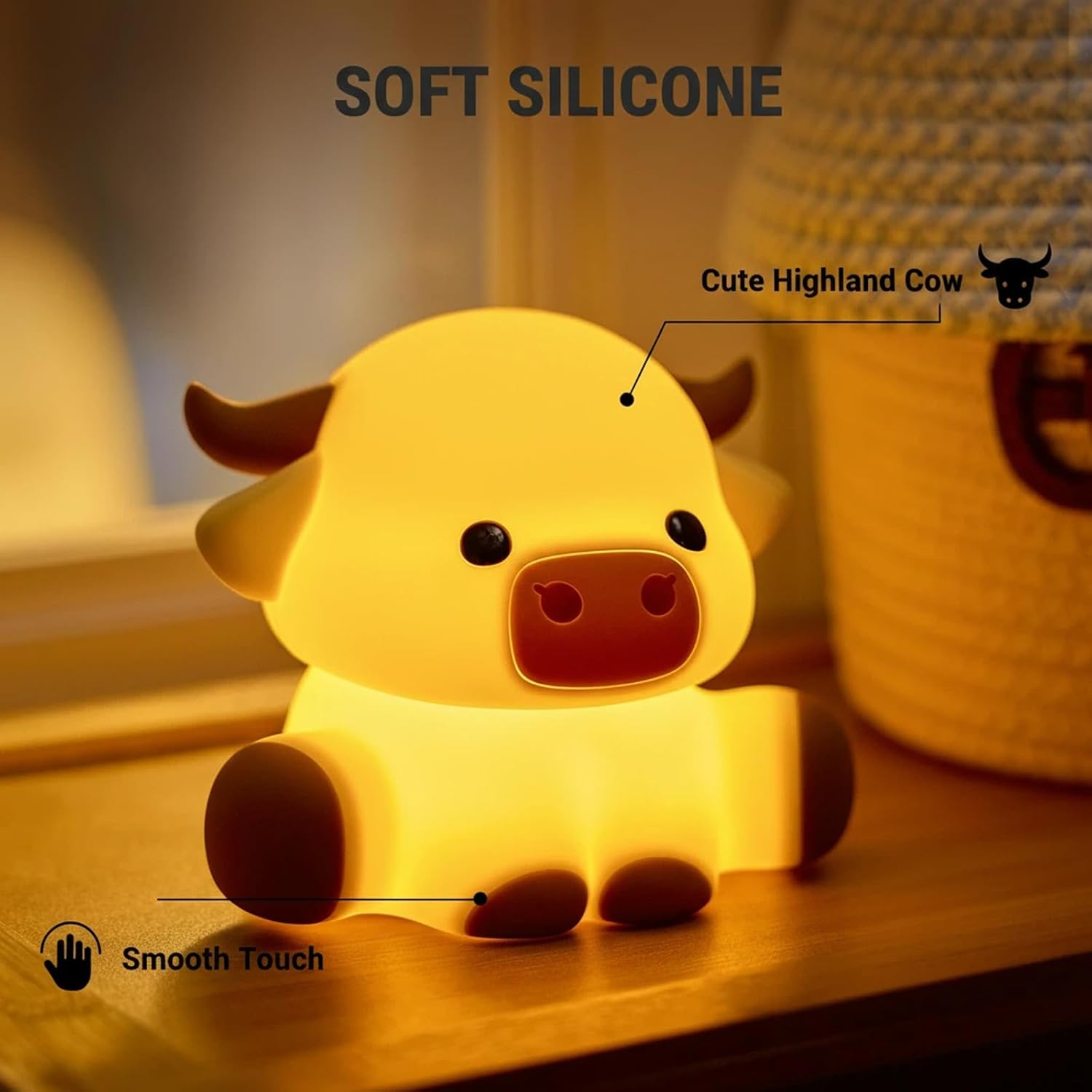 Highland Cow Night Light, Huggwaii Squishy Silicone Lamp for Kids - Dimmable Touch Sensor Cute Animal Lamp, Soft Glow Night Light for Nursery, Bedroom, Christmas Gifts for Boys, Girls, Women
