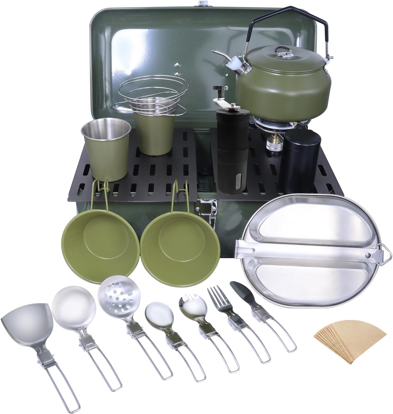 Outdoor Camping Pour Over Coffee Maker Set with Cookware Set Green, 17 Pieces (Wooden Board)
