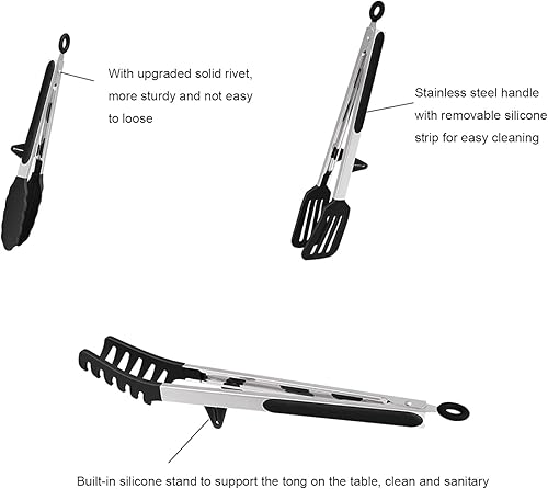 Miniatura 7 de Juego de 4 pinzas de cocina de silicona, antiadherentes de acero inoxidable con puntas de silicona sin BPA para servir pasta, espagueti, bistec,