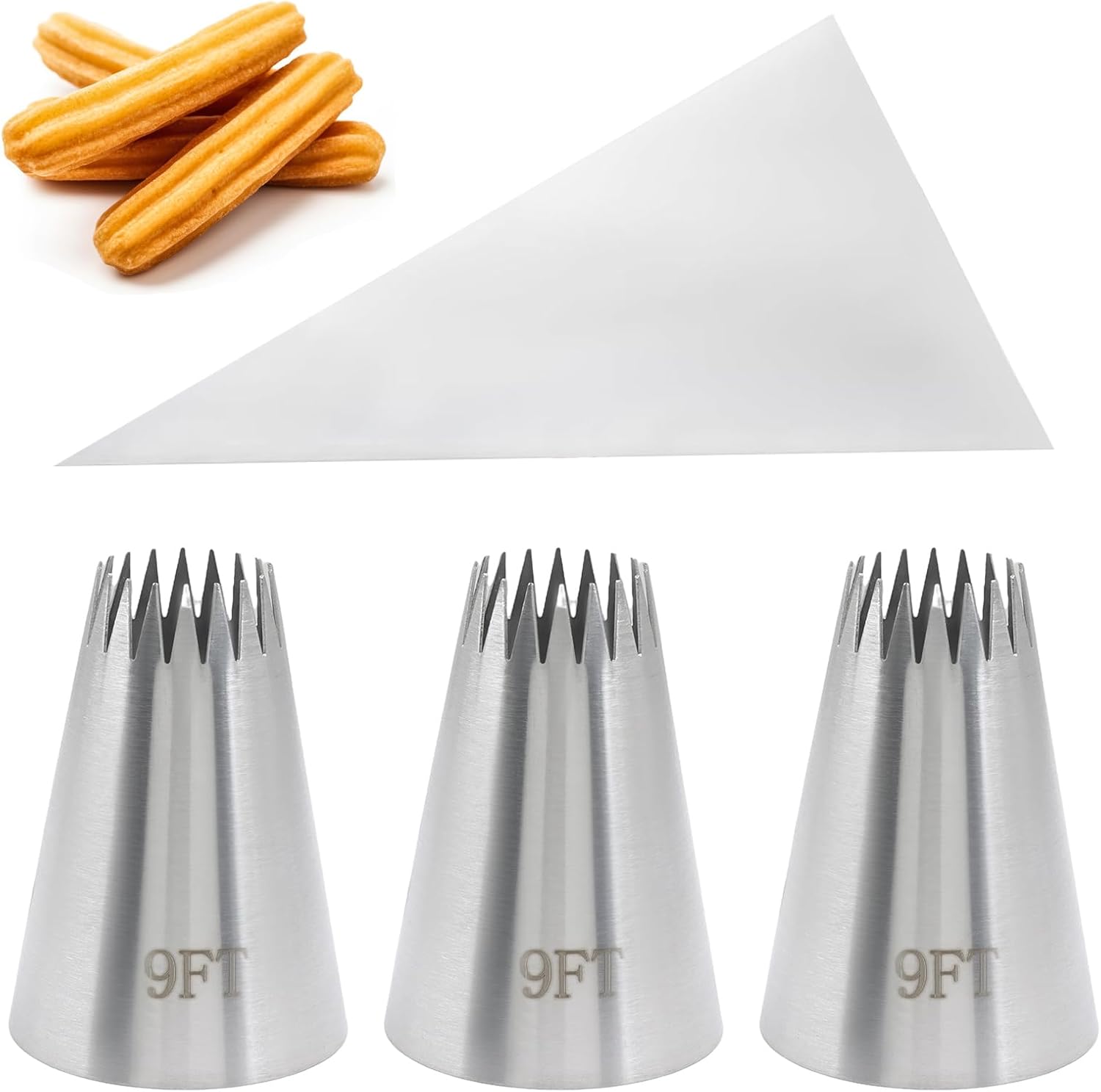 3Pcs 9FT Churro Piping Tips With 10 Bags, Stainless Steel