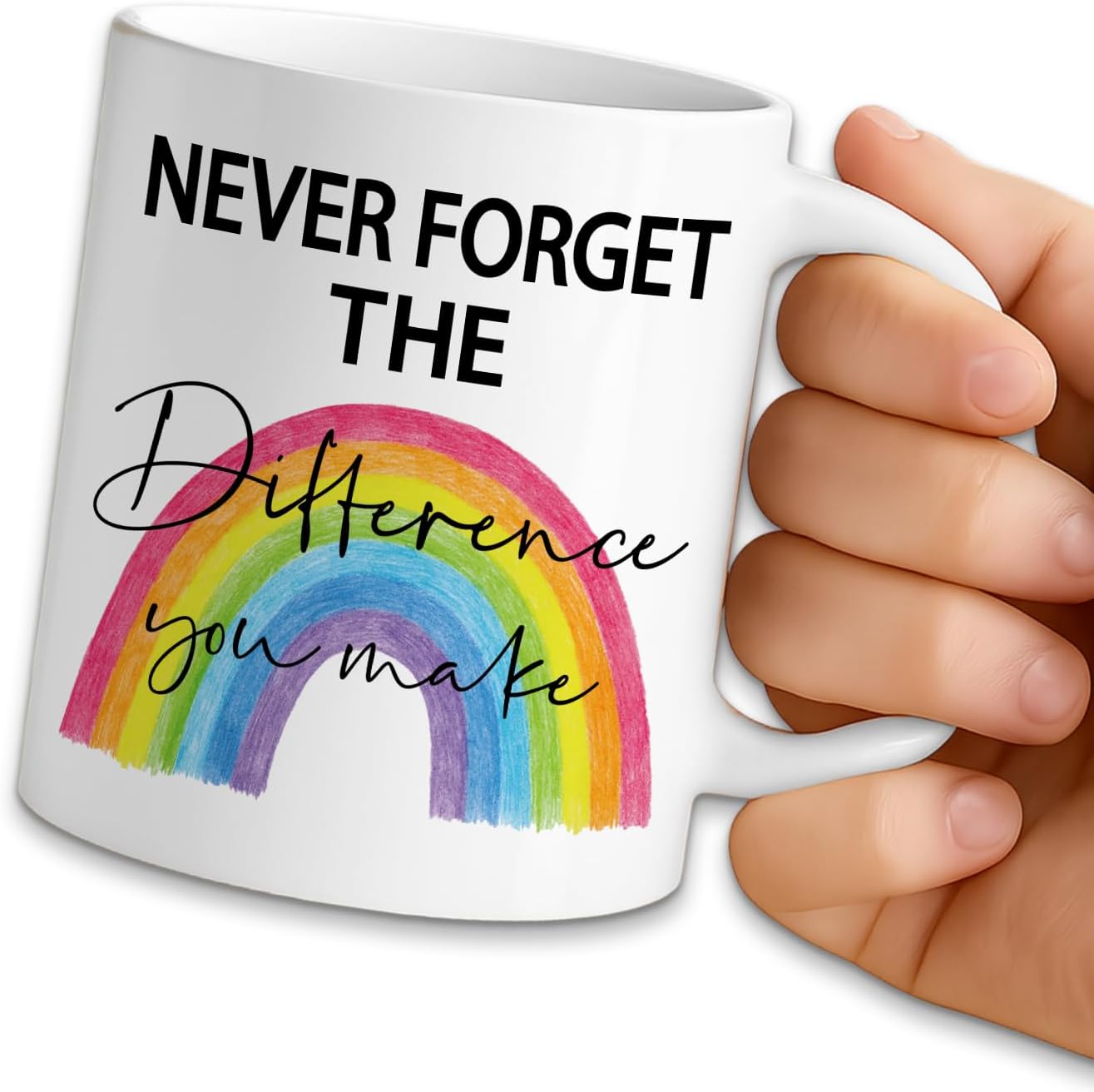 Funny Rainbow Coffee Mug, Never Forget The Difference You Make, 11oz Ceramic Coffee Tea Cup, Appreciation Gifts for Employee Colleague, Retirement Gifts for Women Men Boss Teacher Leader