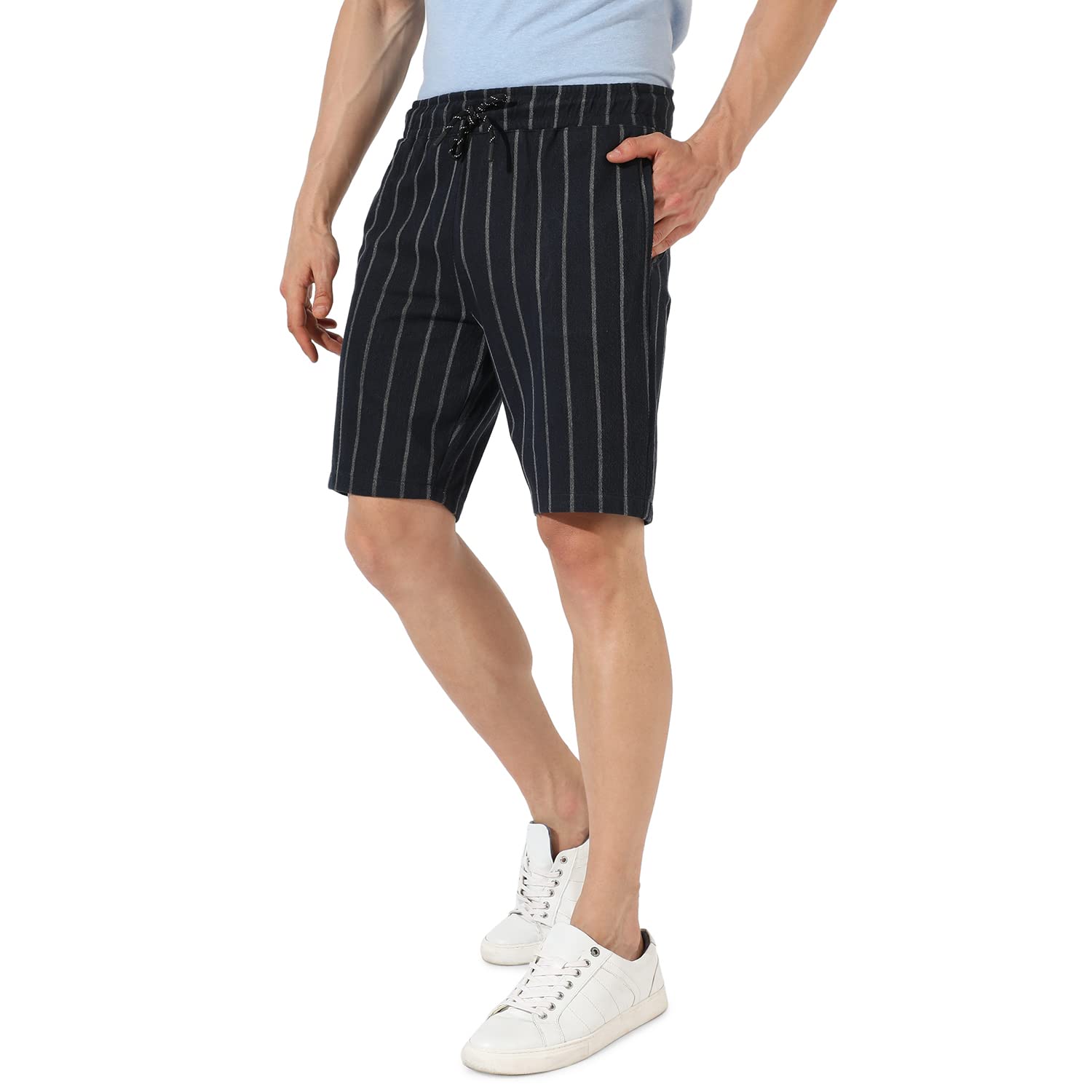 Campus Sutra Campus Sutra Men's Black Halo Striped Shorts for Casual Wear | Stripe Pattern | Regular Fit | Button Closure | Cotton Shorts Crafted with Comfort Fit for Everyday Wear in black