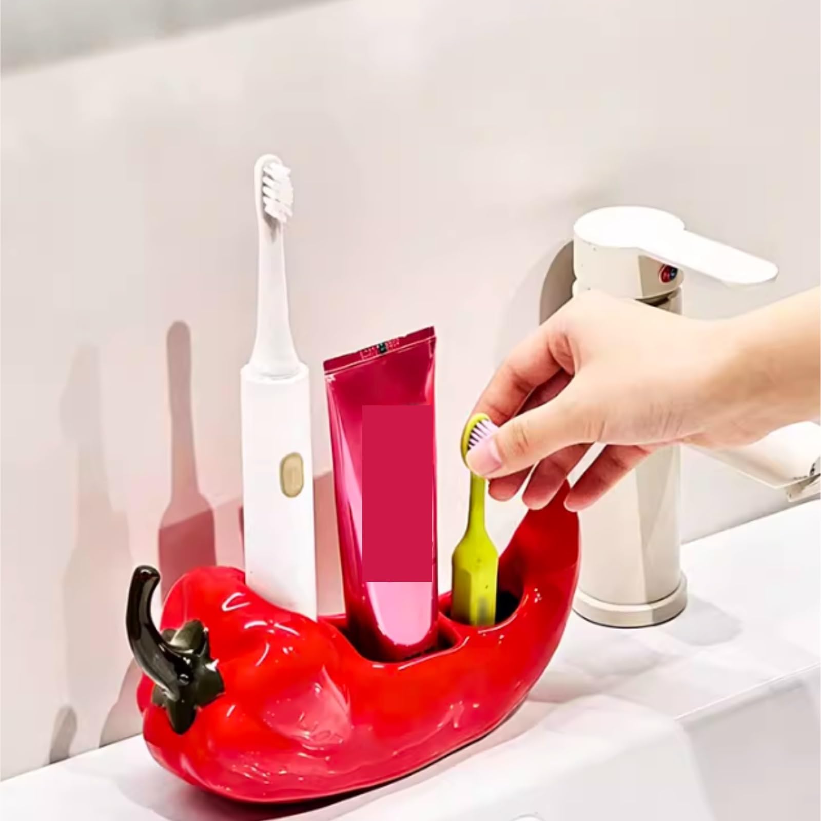 Porta Spazzolino Decorazione, Portaspazzolino Da Appoggio A Forma Di Peperoncino For Vanità In Ceramica Bagno Multifunzione Moderno(Rot)