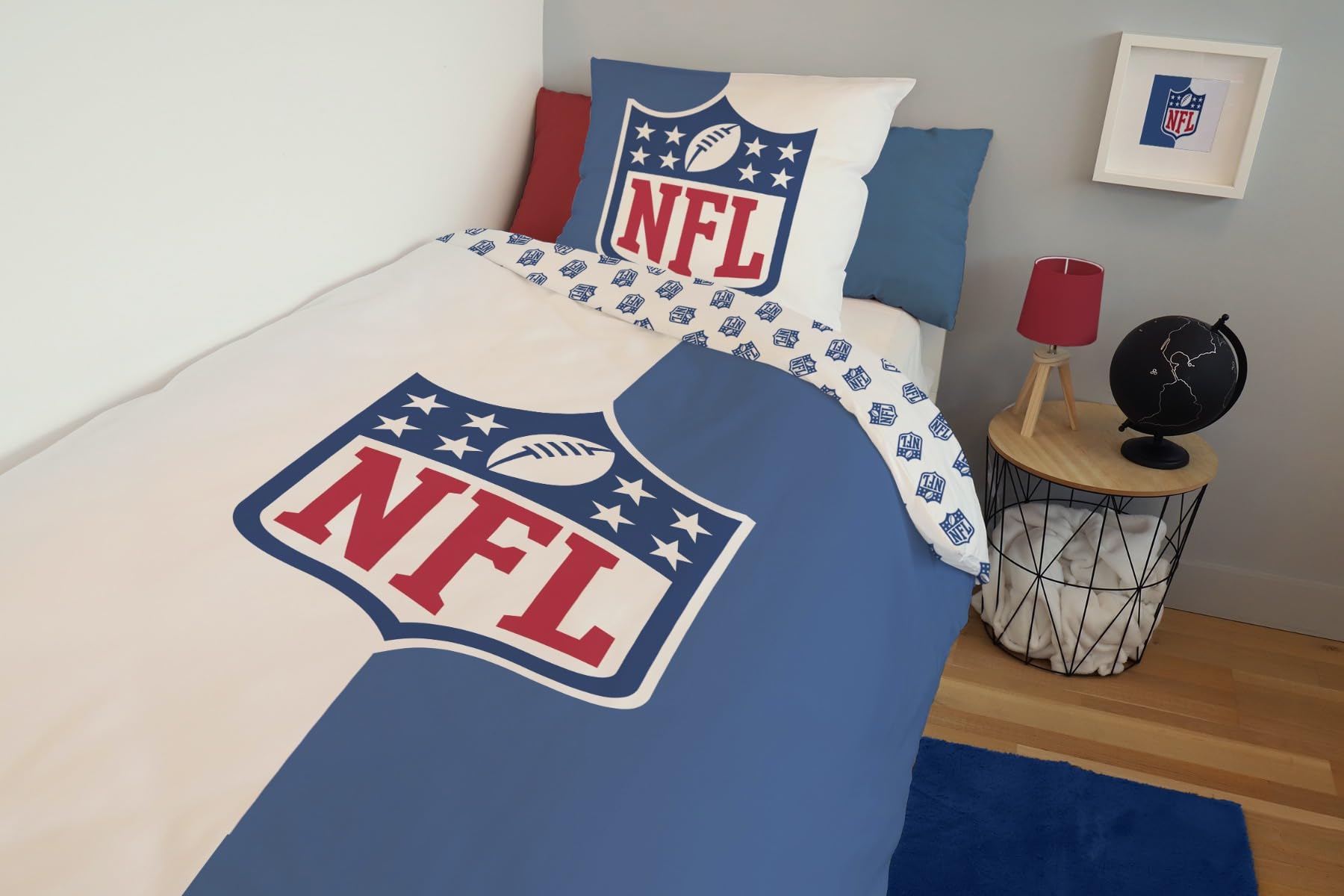 SAHINLER créateur d'univers NFL - Housse De Couette Football Américain Logo NFL 140x200 cm + 1 Taie d'oreiller 63x63 cm - 100% Coton - Bleu