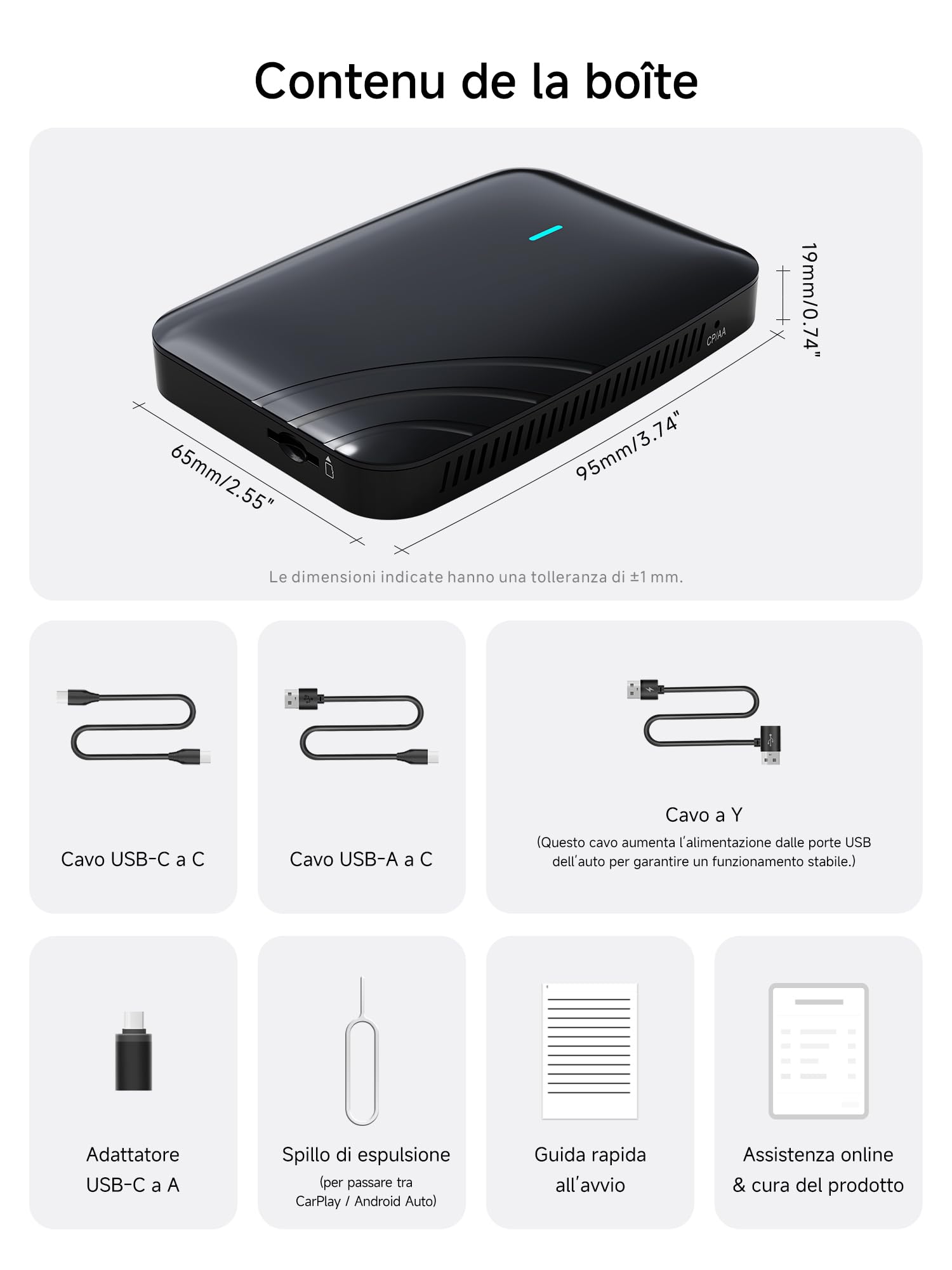 Adattatore CarPlay Wireless Android Auto, AI Box Video 3 in 1 per Cavo OEM CP/AA, Doppio WiFi e Hub Bluetooth IoT, per Netflix/YouTube/TikTok/TF Scheda, DriveChat AI Voice, CB4B