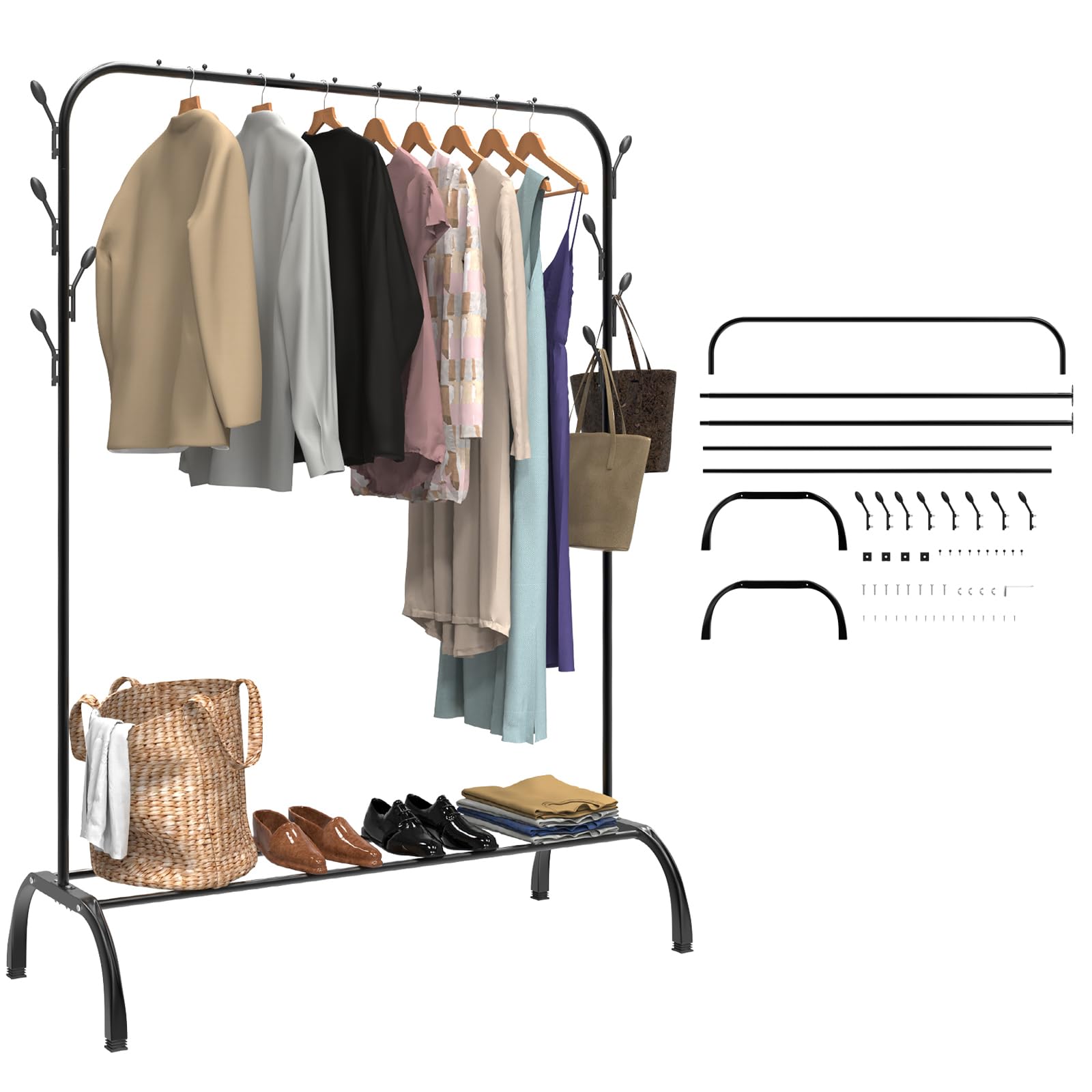 Clothes Rails for Bedroom, 150 CM Metal Clothes Rack Heavy Duty, Holds up to 42 KG, Hanging Rails with Hooks, Freestanding Storage Shelf, Black