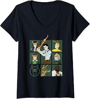Womens Marvel Loki Variants Alligator Loki Sylvie Character Grid V-Neck T-Shirt