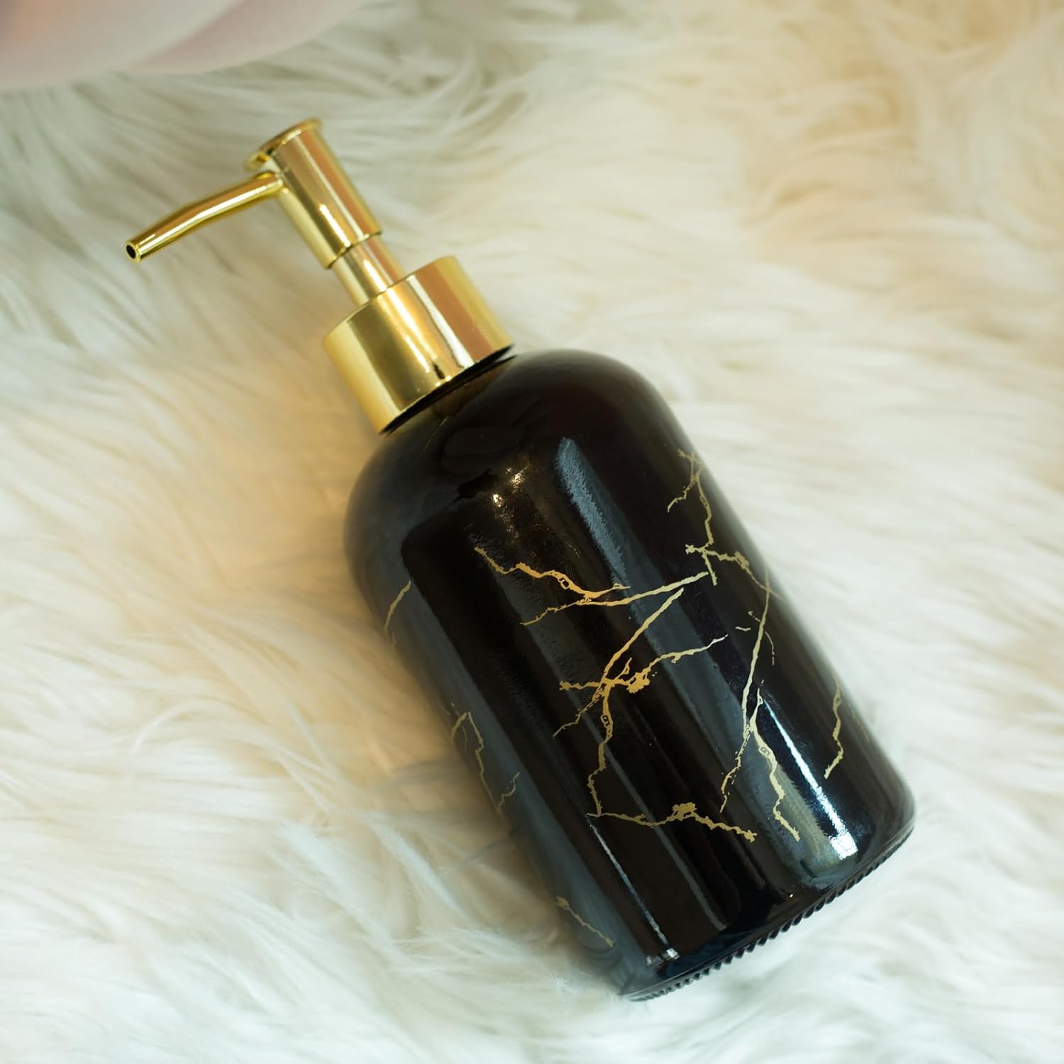 Glass Soap Dispenser with Pump, 14oz Refillable Liquid Dispenser for Dish Soap, Hand Soap, Shampoo, Laundry Soap, Lotion Dispenser, Black Bottles with Gold Coating Pumps - Image 2