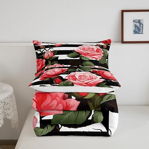 Miniatura 5 de Erosebridal Juego de edredón de flores rojas y rosas, juegos de ropa de cama a rayas blancas y negras, relleno de edredón floral botánico, edredón
