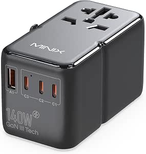 MINIX 140W Universal Travel Adapter, GaN III International Power Adapter with 3 USB-C and 1 USB-A Ports, AC Outlet, Worldwide Compatibility