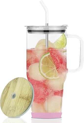 Vaso de vidrio de 32 onzas con popote y tapa de bambú, taza de agua de vidrio de gran capacidad con asa, taza de café helado reutilizable con