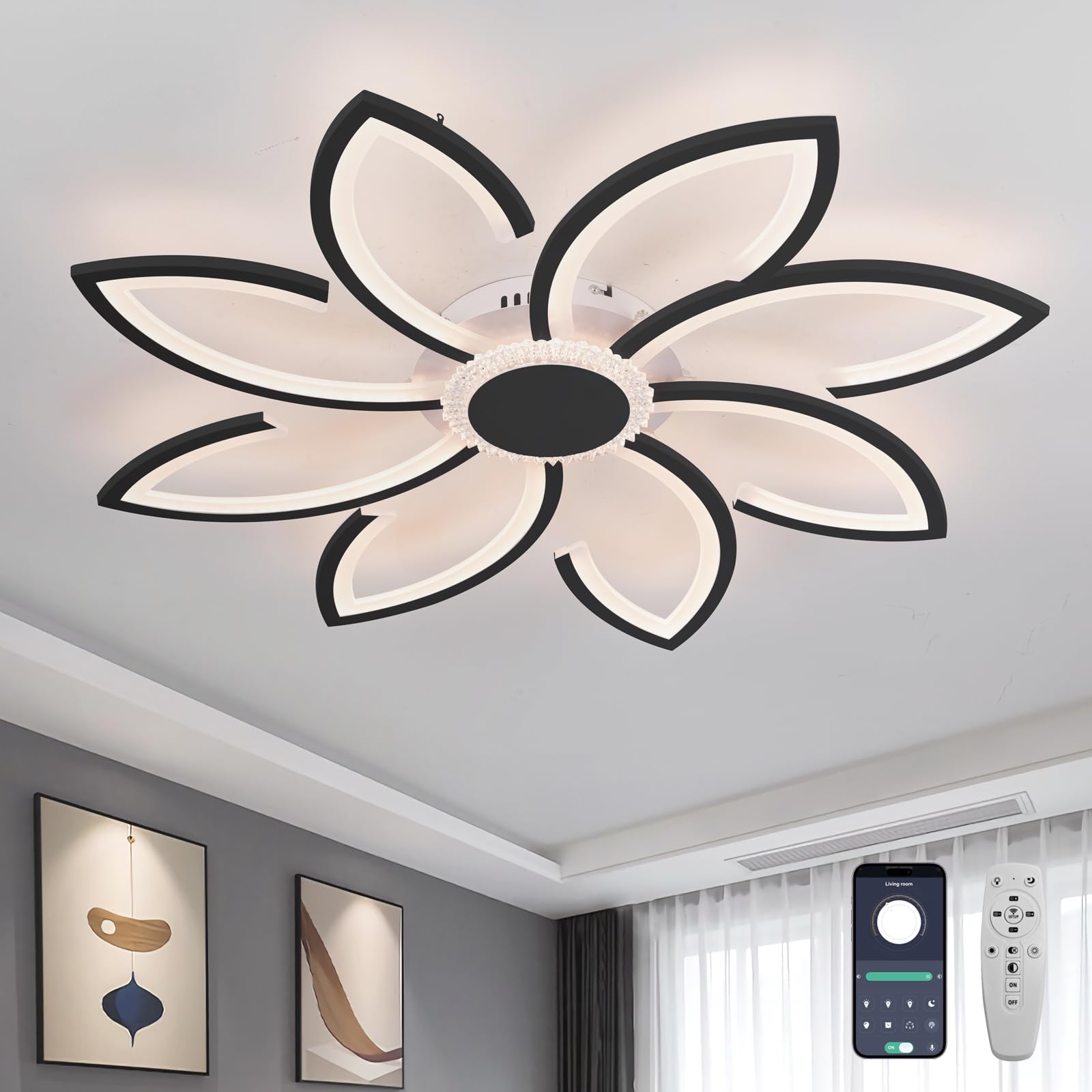GWYAJTU 90cm Chandeliers Ceiling Light with Remote Control APP, LED Dimmable Ceiling Lamp with Memory Function, 72W Bedroom Flower Lighting Fixture for Office, Living Room — image 1