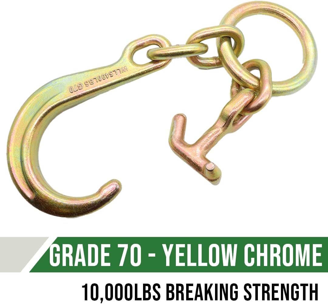 BoxerTool 2 Pack J Hook & T Hook | Tow Hook on Ring | Yellow Chrome Plated J Tow Hook with Ring | Heavy Duty G70 Tow Axle Strap Wrecker Roll Back Clevis | for Tractor Truck Trailer