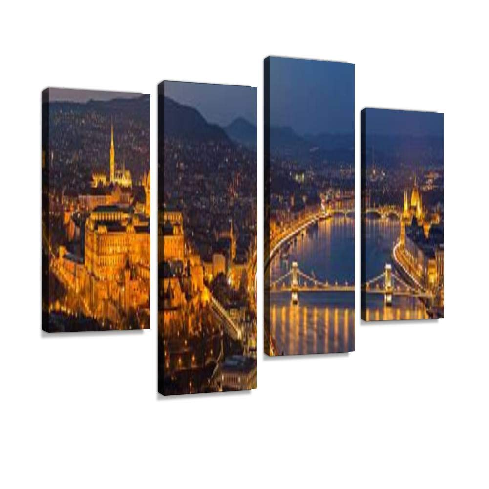 budapest cityscape with matthias church, chain bridge and parliament Canvas Print Artwork Wall Art Pictures Framed Digital Print Abstract Painting Room Home Office Decor Ready to Hang 4 Panel