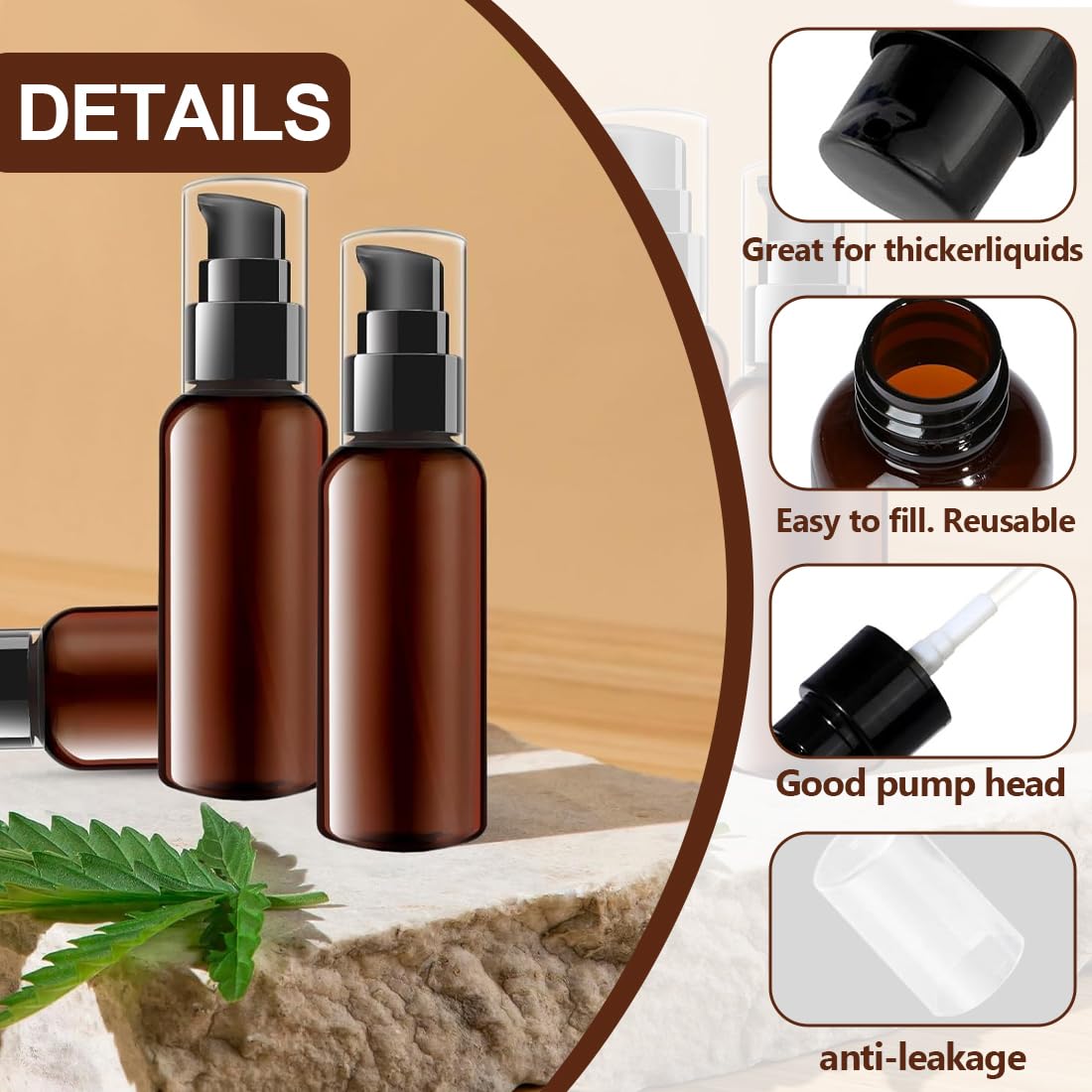 IKOPFLN 6 botellas vacías de vidrio marrón con bomba negra para aceite esencial, viaje, crema y loción