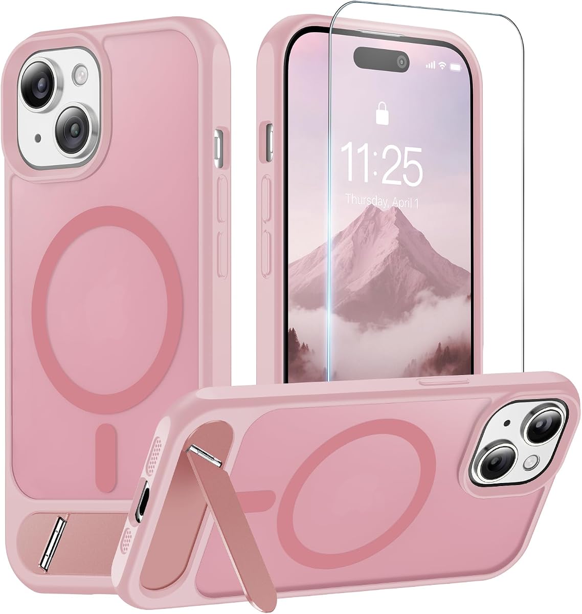 Magnetic for iPhone 15 Case with Stand Pink | (Screen Protector)(Compatible with MagSafe)(Military Grade Shockproof) Translucent Drop Protection Matte Slim Phone Case,6.1"