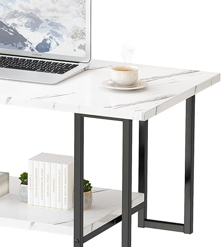 Miniatura 13 de AWQM Mesa auxiliar de mármol, mesa auxiliar rectangular con parte superior de mármol sintético con marco de metal dorado, mesa de sala de estar de 2