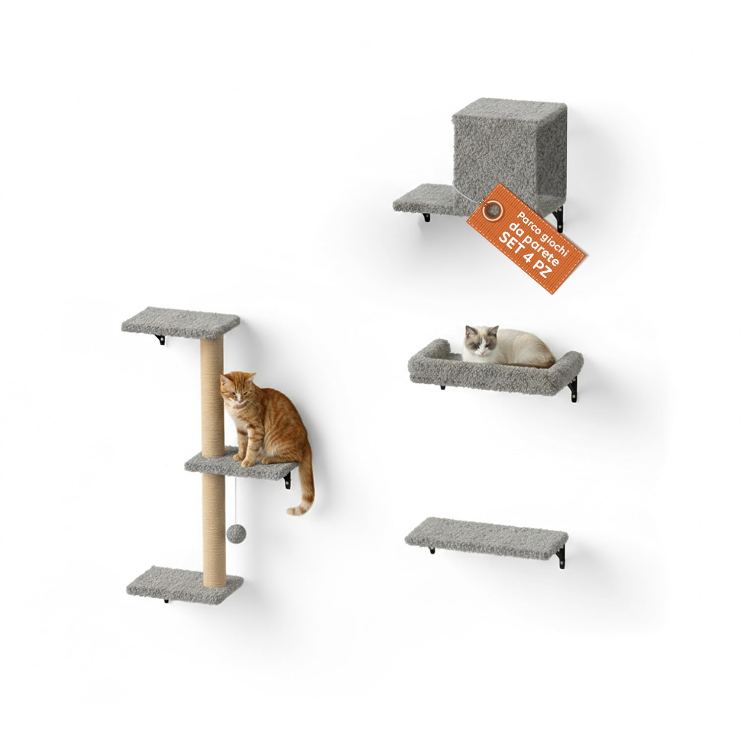 Avilia - Mensole per Gatti Parco Giochi da Parete per Gatti in Legno – Percorso Attrezzato con Mensole, Sisal e Tiragraffi – Arrampicata a Muro Salvaspazio con Rivestimento Morbido – Legno Naturale