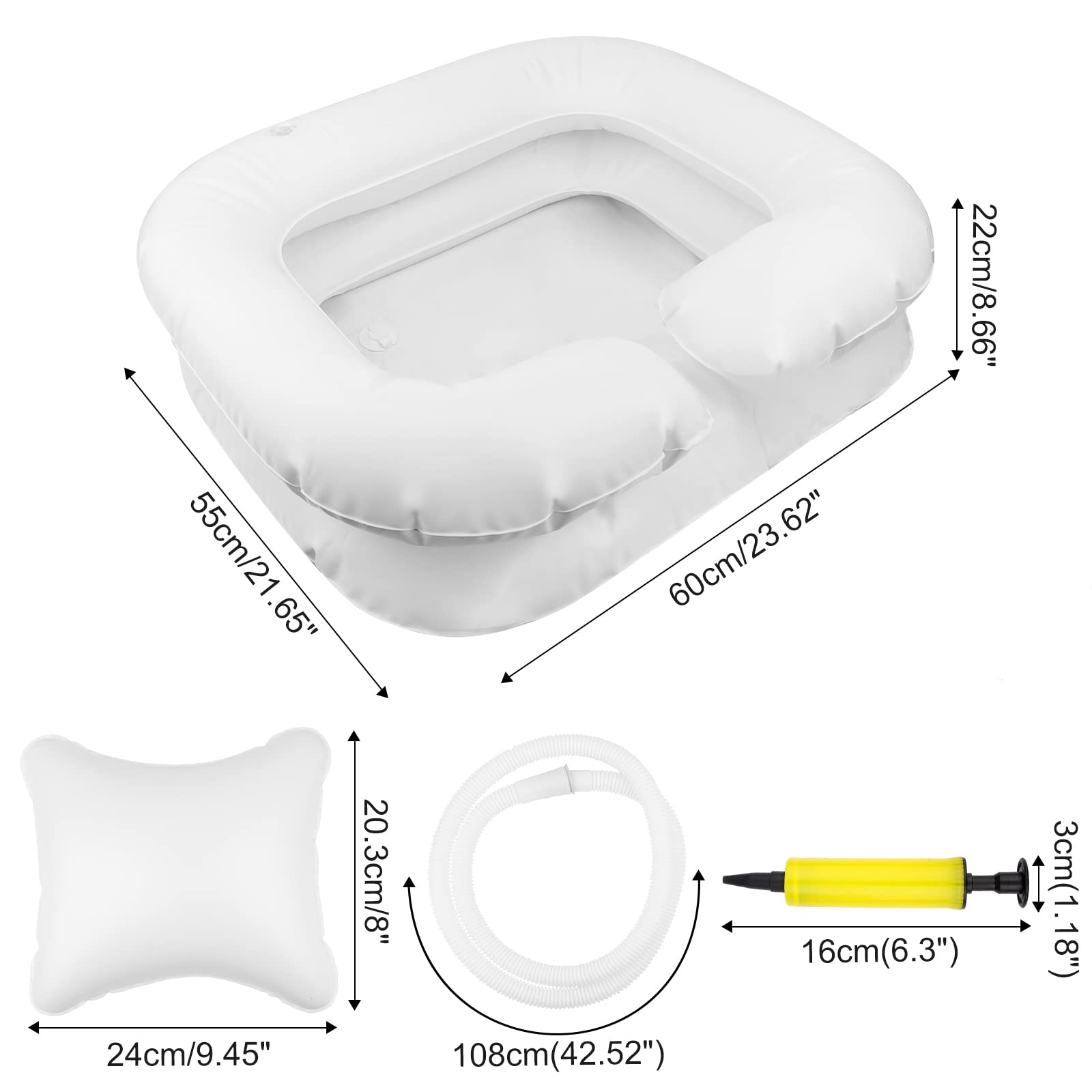 Lavatesta Gonfiabile Portatile per Parrucchieri, Lavandino Mobile con Cuscino Piccolo, Drain Tubo, Bacinella Bacino per Lavaggio Capelli, 60x55x22cm Bianco