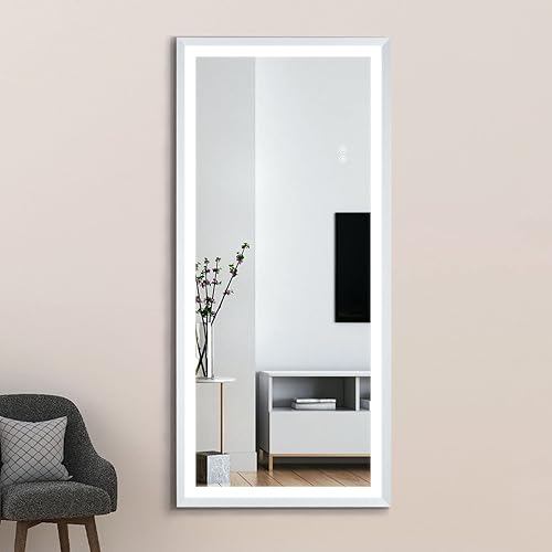 Espejos de pared rectangulares de 22 pulgadas de ancho x 48 pulgadas de alto con luz LED, espejo de baño con llama plateada cepillada