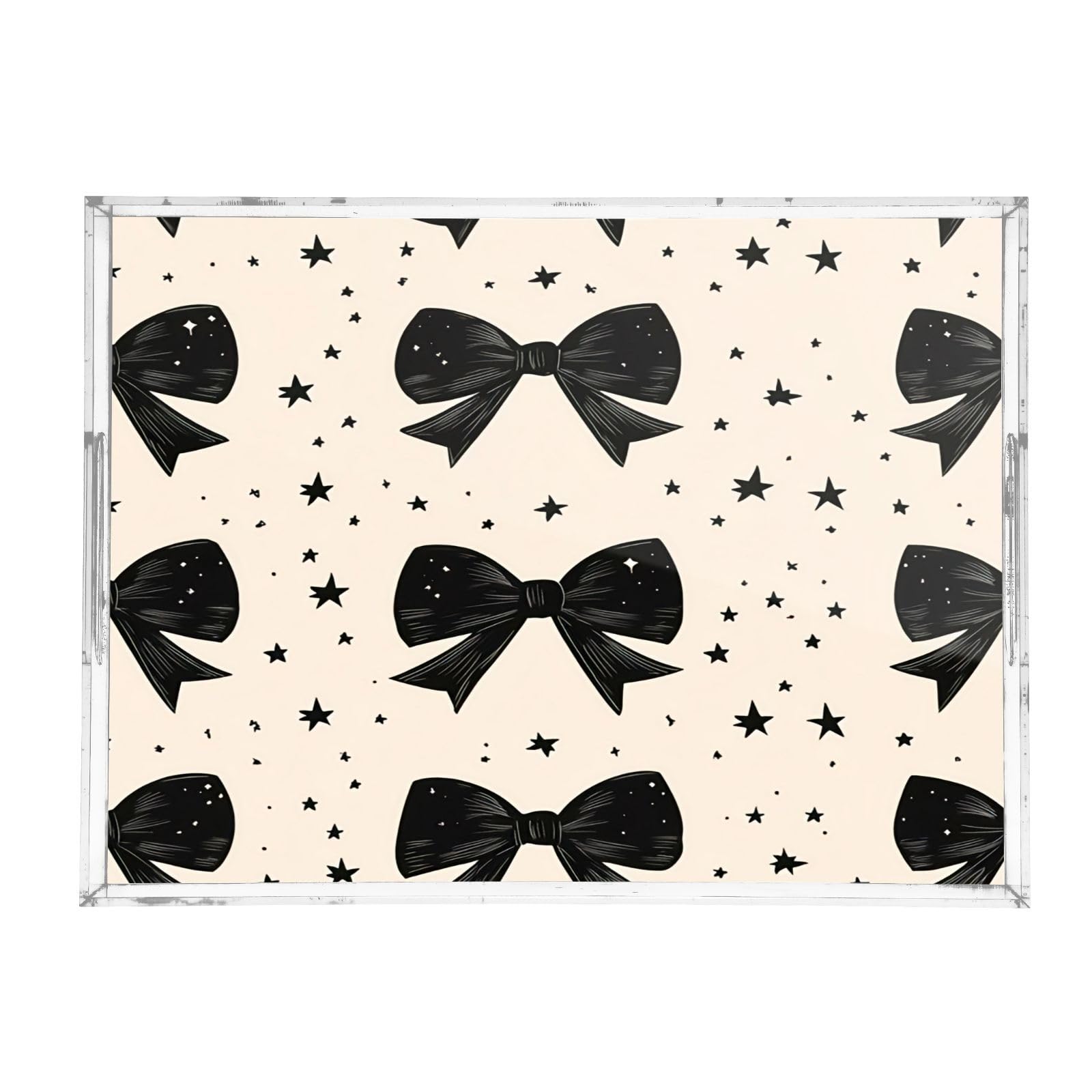 BOESI Graffiti Black Bow Acrylic Decorative Dining Tray, Acrylic Decorative Tray Organizer with Handle for Kitchen, Dining Room, Bathroom, Dresser