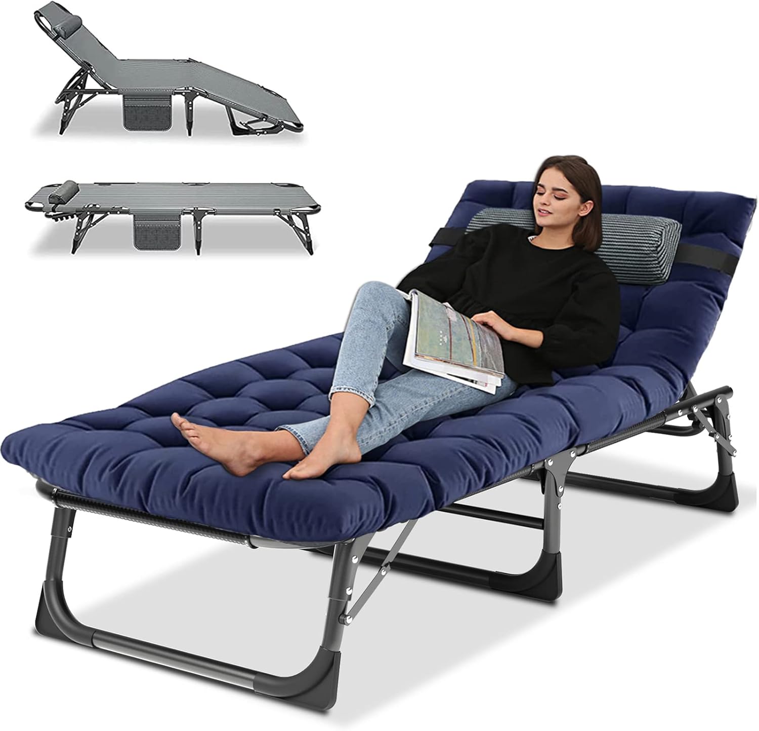LILYPELLE Portable Folding Camping Cot, Adjustable 5-Position Adults Reclining Folding Chaise with Pillow, Outdoor Portable Folding Lounge Chair Sleeping Cots Bed for Camping, Pool, Beach, Patio