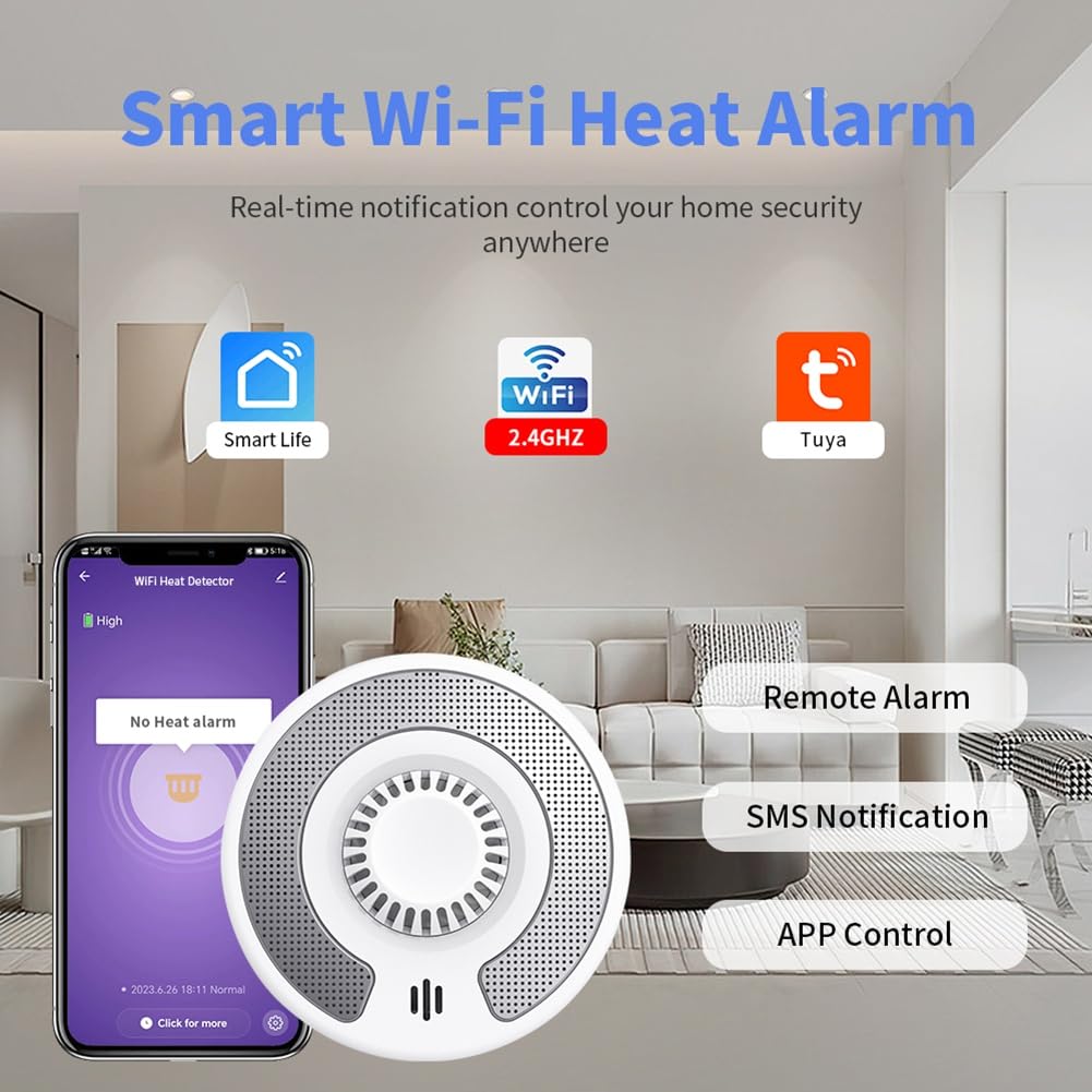 WiFi Smart Hitzemelder mit Tuya App-Steuerung, WiFi Wärmealarm mit versiegelter 10-Jahres-Li-, BS 5446-2, VH03W