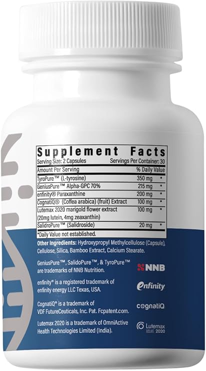 BrainAMPTM Nootropic Energy for Focus, Memory & Clarity | Clean Alertness with Paraxanthine (No Jitters) | Supports Productivity with Alpha-GPC, Tyrosine, CognatIQ, Lutein & Salidroside | 60 Caps
