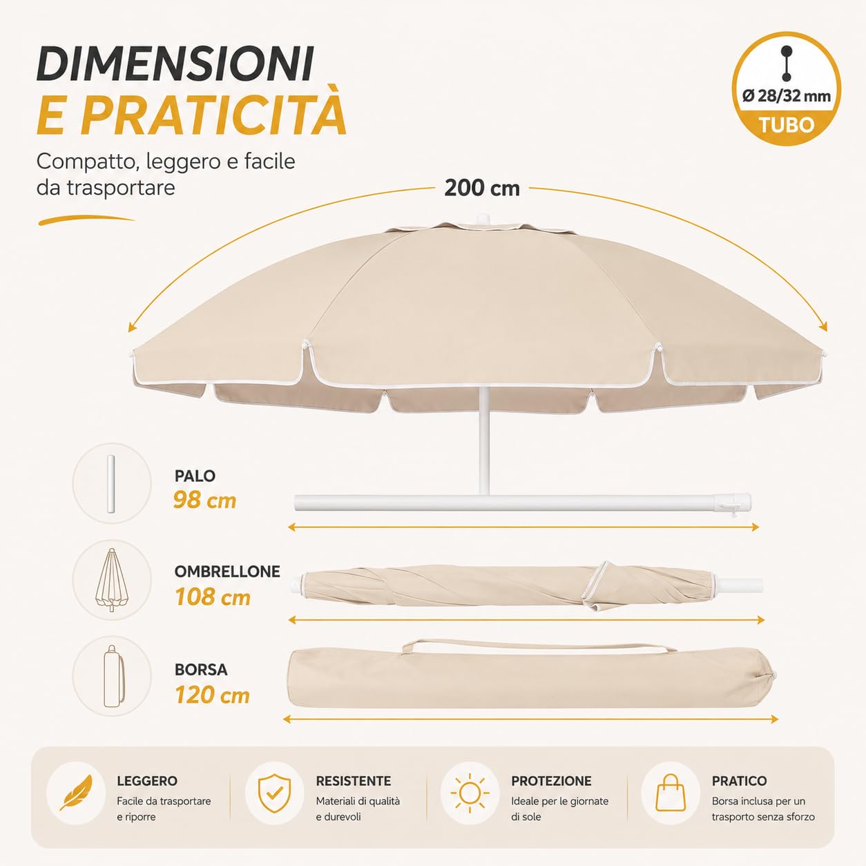 WENZO Ombrellone da Spiaggia 200 cm Antivento con Borsa, Palo Acciaio 28/32 mm, 8 Stecche in Fibra di Carbonio, Protezione UV Interna Argentata, per Spiaggia Giardino Campeggio