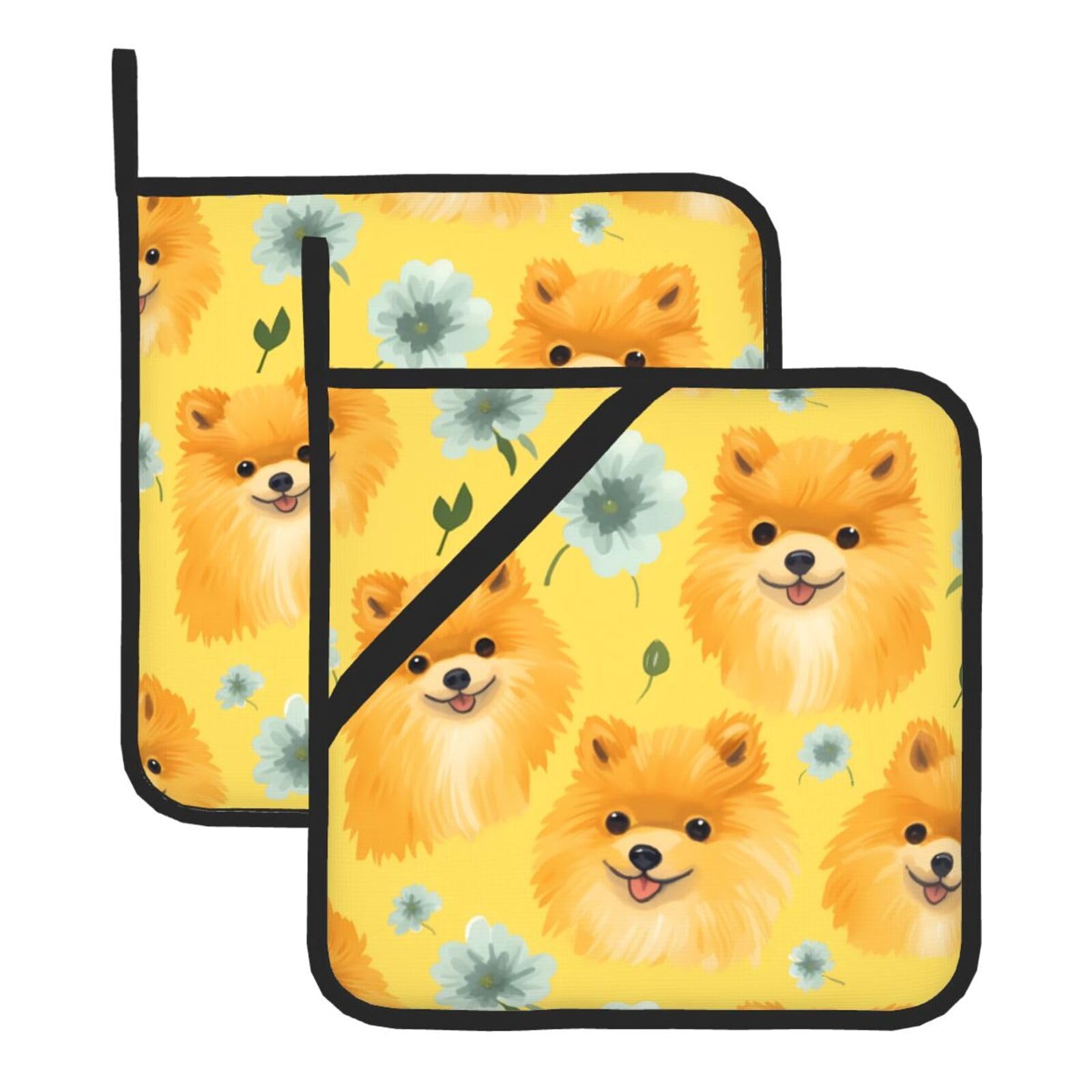 HJFCZH Yellow Pomeranian Printed Square Insulated Pot Mat Set (2-Piece) 8x8in Waterproof, Thickened & Easy to Clean with Lanyard Design for Kitchen, Oven & BBQ