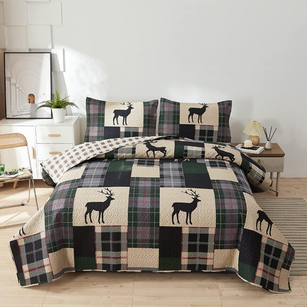 CHESITY Lodge Bedspread King Size, Rustic Cabin Quilt Set Deer Printed Bedspreads Coverlet Reversible Lightweight Quilt Set Dark Green Beige Plaid Patchwork Country Decor Bedcover(96"x 108") - Image 2