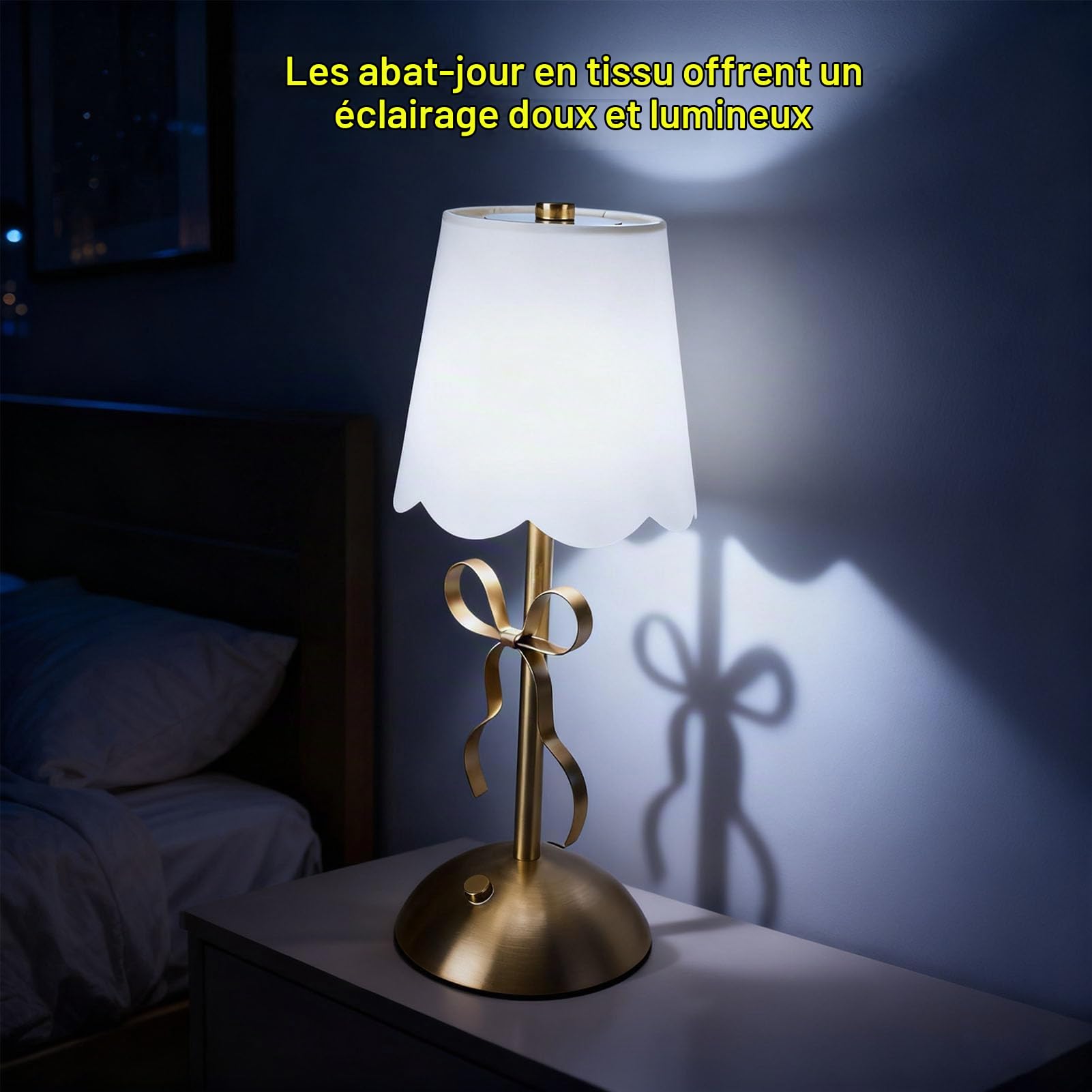 banapoy Petite Lampe de Table en Forme D'arc, Abat-jour sans Fil Rechargeable, Jolie Lampe de Bureau en Tissu Décoratif, Lampe de Table de Chevet LED pour Chambre à Coucher