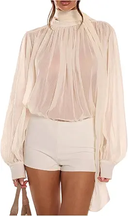 Verdusa Women's Sheer Chiffon Blouses Scarf Top Long Sleeve Shirts