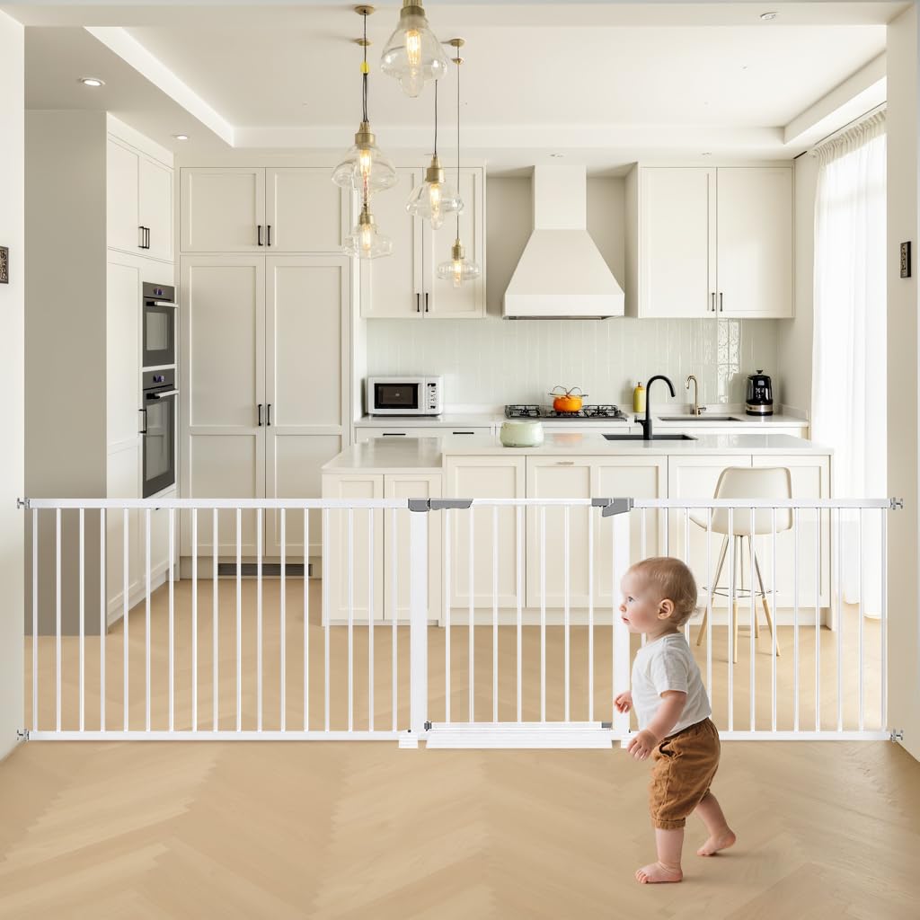 60.6"-113" Extra Long Baby Gates for Large Openings Extra Wide, Outdoor Dog Gates for The House, Pet Gate Indoor, Child Proof Gate, Kiddie Gates, Adjustable Baby Fence for Doorways