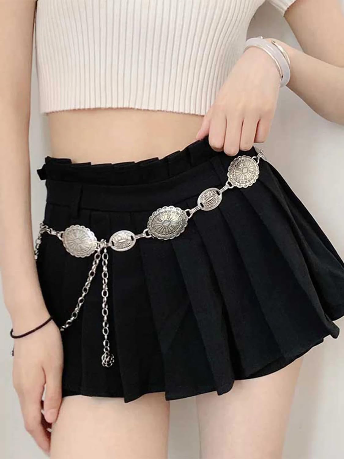 Shining Diva Fashion Belts for Women and Girls Stylish Kamarbandh Kamar Chain Waist Belt for Dresses Jeans Saree (16370wb)(Silver) - Image 2 thumbnail