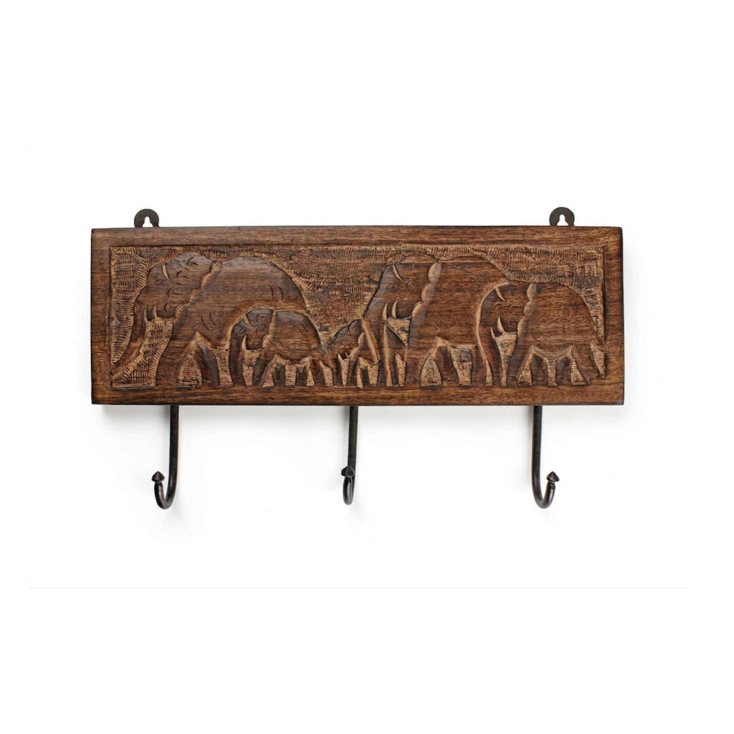 Ajuny Brown Wooden Wall-Mounted Coat Rack With Elephant Carving 3 Hooks Pre-Drilled Holes For Hanging Clothes Keys Towel & Robe Hooks For Hallway Bathroom & Bedroom Home Decor Gifts (37.5 × 21 Cm)