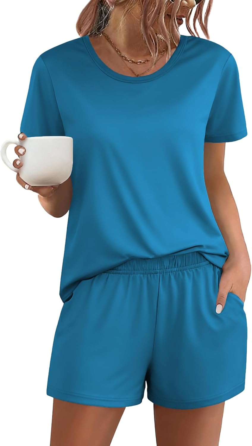 Ekouaer Women's Pajama Sets Short Sleeve Pjs 2 Piece Top and Shorts Sleepwear Comfy Soft Lounge Sets with Pockets