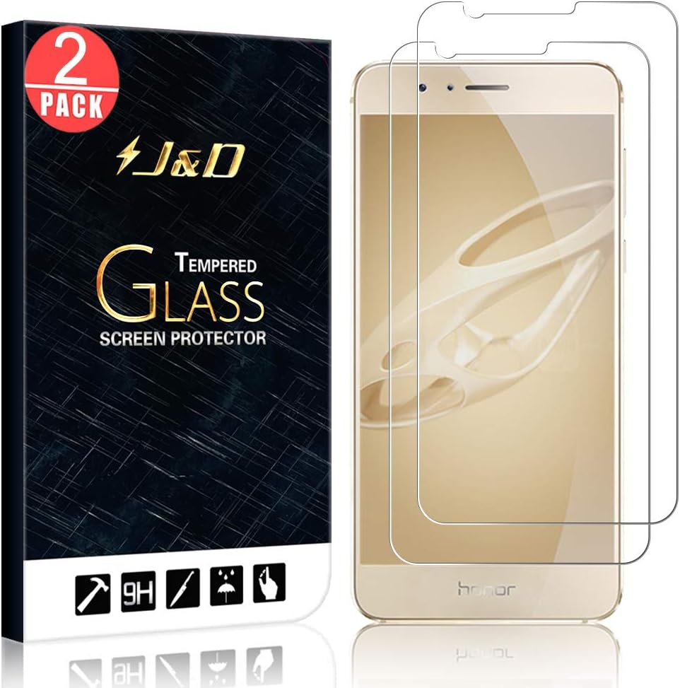 J&D Compatible for Huawei Honor 8 Glass Screen Protector (2-Pack), Not Full Coverage, Tempered Glass HD Clear Ballistic Glass Screen Protector for Honor 8 Screen Protector