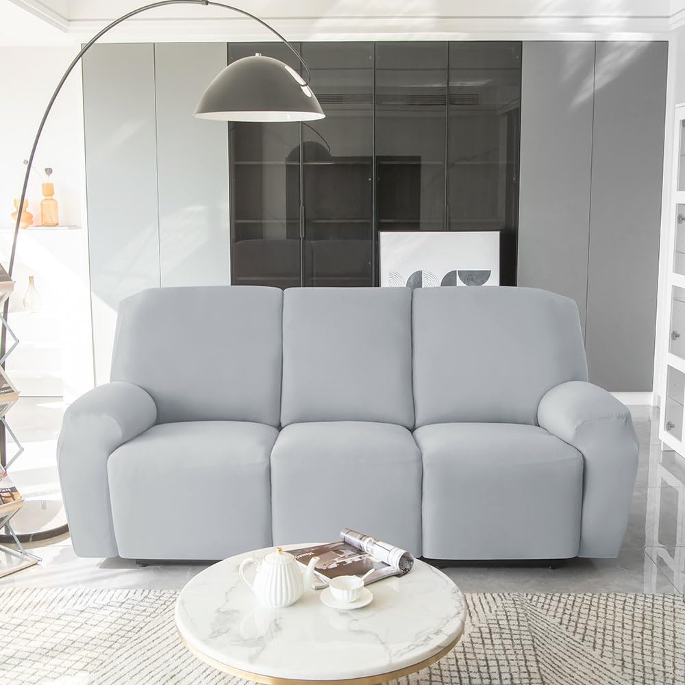 Highdi Funda de Sillón Relax Elástica para Sillón Reclinable, Funda Reclinable Color Sólido con Bolsillos Laterales, Antideslizante Extraíbles y Lavables Fundas Protector (Humo Gris,3 plazas)