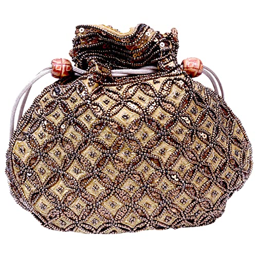 Craft Trade Bolsas indias Potli para mujer – Rajasthani intrincado hilo dorado y lentejuelas bordadas para regalos de boda y fiesta, crema Craft Trade Bolsas indias Potli para mujer – Rajasthani intrincado hilo dorado y lentejuelas bordadas para regalos de boda y fiesta, crema