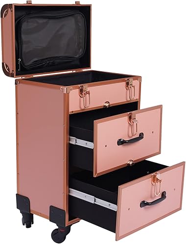 Estuche de tren de maquillaje rodante profesional, estuche de viaje con cerraduras, organizador de almacenamiento de maquillaje de viaje,