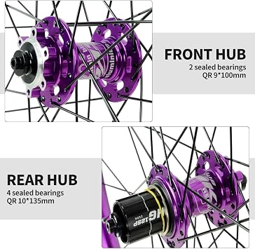 MTB Disc Brake Wheelset 26/27.5/29 Mountain Bike Wheel 32H Rim Quick Release Front 100mm Rear 135mm 360 Click Hub for 7-12s Cassette Purple,29''