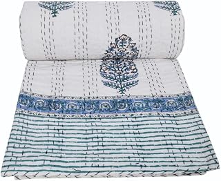 MAVISS HOMES Indian Hand Blcok Print Kantha Quilt Kantha Throw Kantha Bedspreas Cotton Quilt Queen Size Bed Cover Bedding Quilt (White)