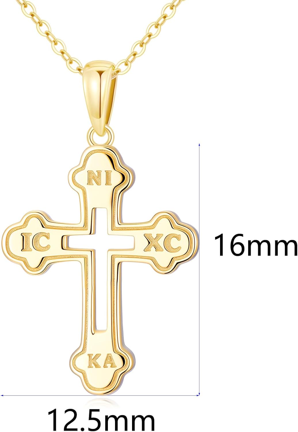 14K Gold IC XC NIKA Cross Necklace for Women, Real Yellow Gold Eastern Orthodox Cross Necklace, Religion Jewelry for Confirmation Baptism Ladies Mom, 16"+1"+1"