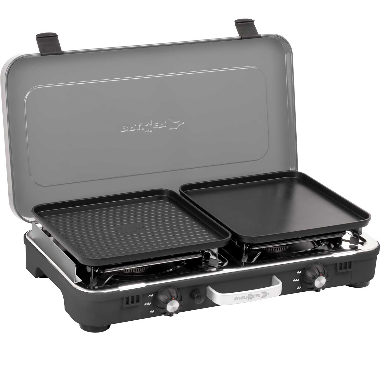 BRUNNER: 2-in-1 Tisch Camping-Kocher 2-flammig Edelstahl Gasgrill & Gaskocher - POWERKOOK 50mbar mit Grillplatten - mit Gasregler + Gaschlauch